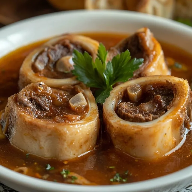 Close-up of soup bones with tender meat in a rich broth, perfect for cooking flavorful and nutritious soups or stews.