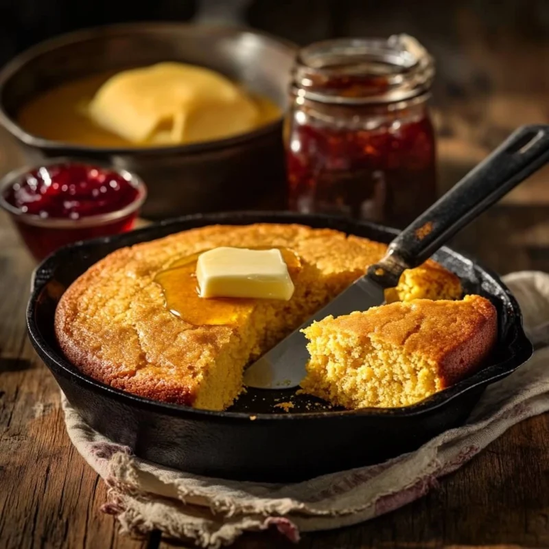 A golden cornbread in a cast-iron skillet on a rustic wooden table, paired with chili, honey butter, and fruit preserves for a Southern meal.