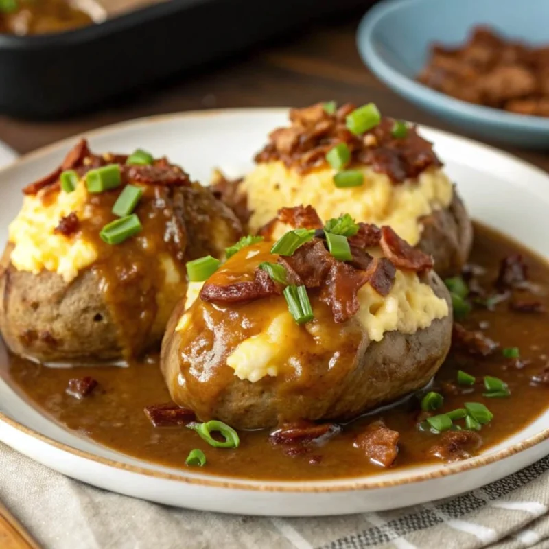 A close-up of a baked Mississippi Mud Potatoes casserole with a golden, cheesy crust, garnished with fresh green scallions in a rustic dish.