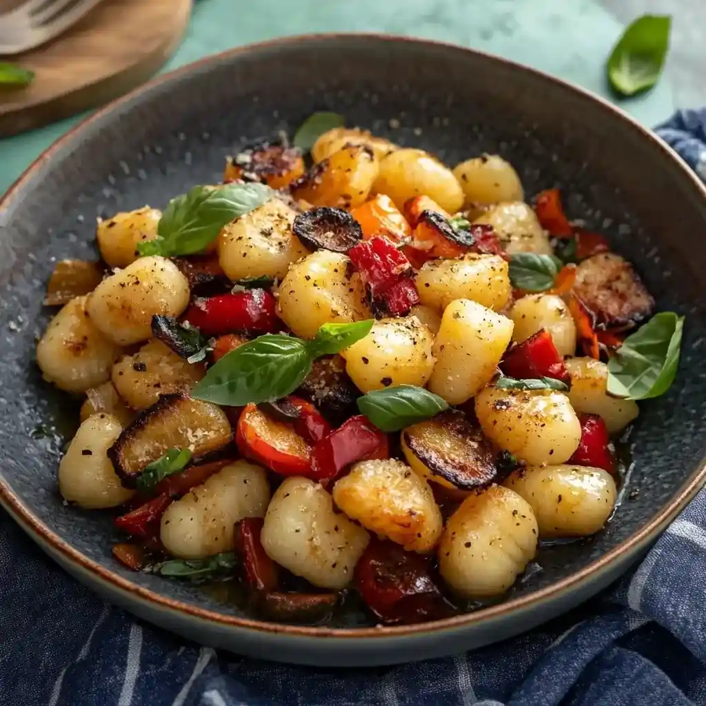 A bowl of golden, pan-fried gnocchi with roasted bell peppers, caramelized onions, fresh basil leaves, and a sprinkle of black pepper