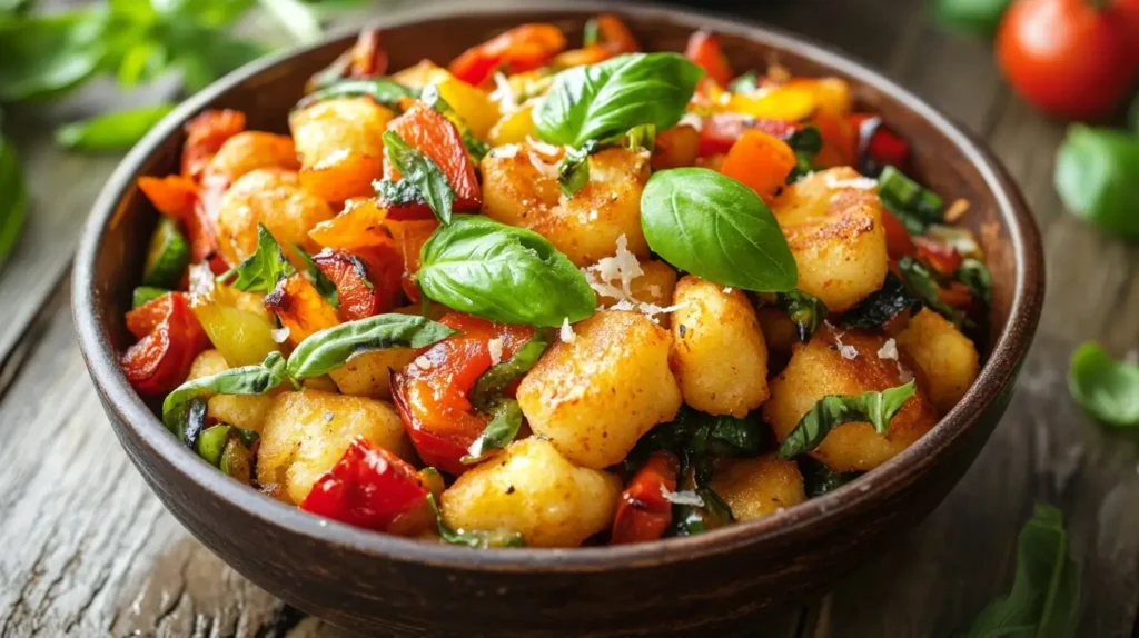 A collection of Trader Joe’s-inspired dishes, including cauliflower gnocchi with vegetables, vibrant salads, and crispy snacks, beautifully presented on a rustic wooden table.