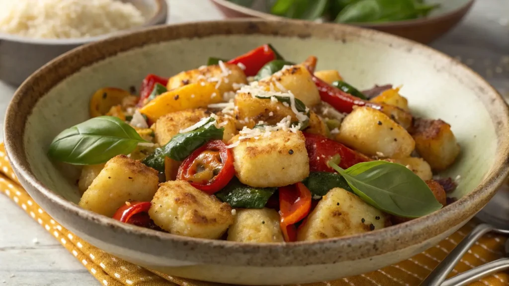 A collection of Trader Joe’s-inspired dishes, including cauliflower gnocchi with vegetables, vibrant salads, and crispy snacks, beautifully presented on a rustic wooden table.