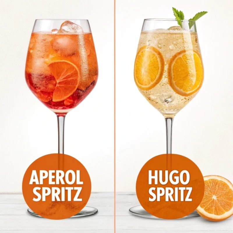 Two cocktails side by side: a bright orange Aperol Spritz garnished with an orange slice and a pale green Hugo Spritz with mint leaves and a lime slice, served in wine glasses on a sunny terrace.