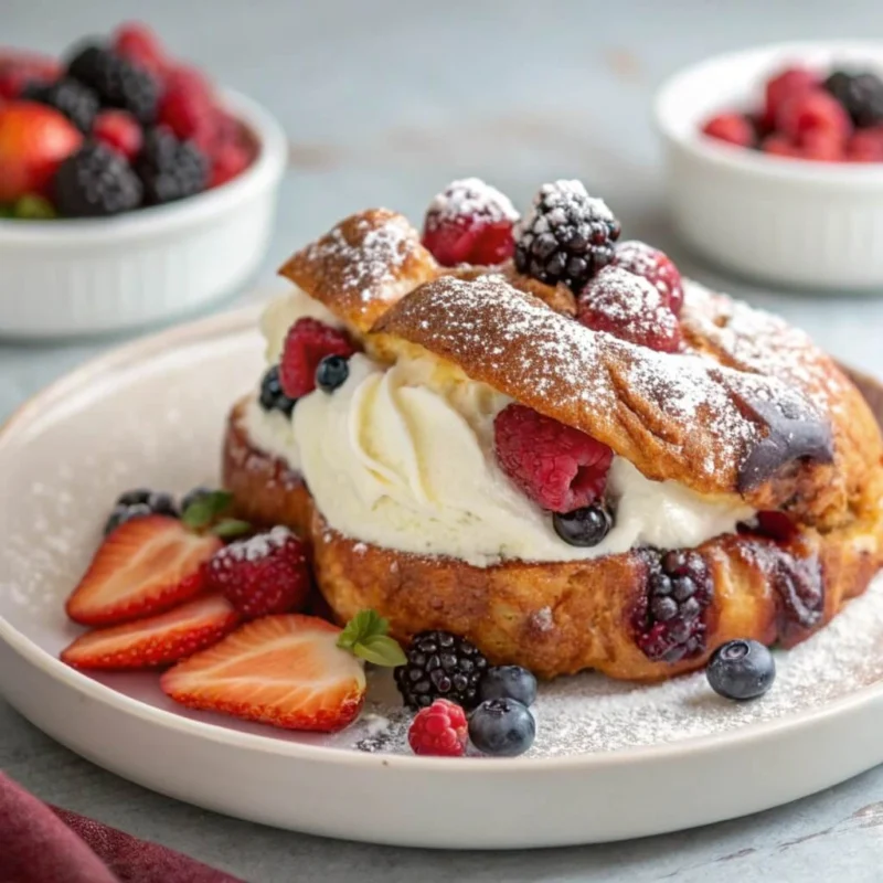 A close-up of a baked berry and cream cheese croissant French toast on a white plate, garnished with fresh strawberries, blackberries, blueberries, and raspberries, dusted with powdered sugar.