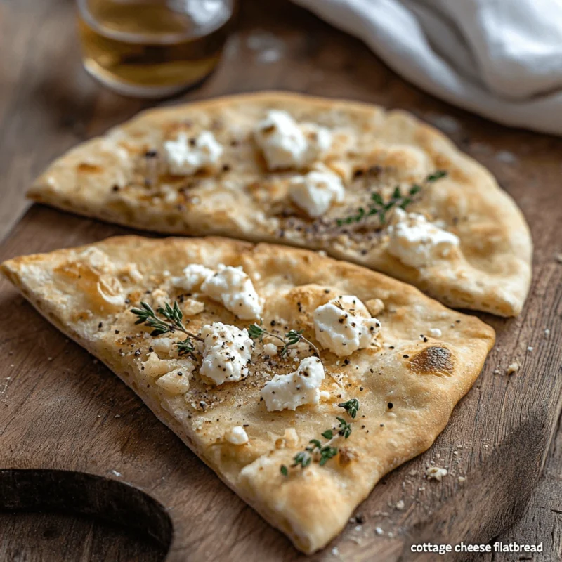 Golden brown cottage cheese flatbread served on a wooden board with fresh herbs and a side of dipping sauce.