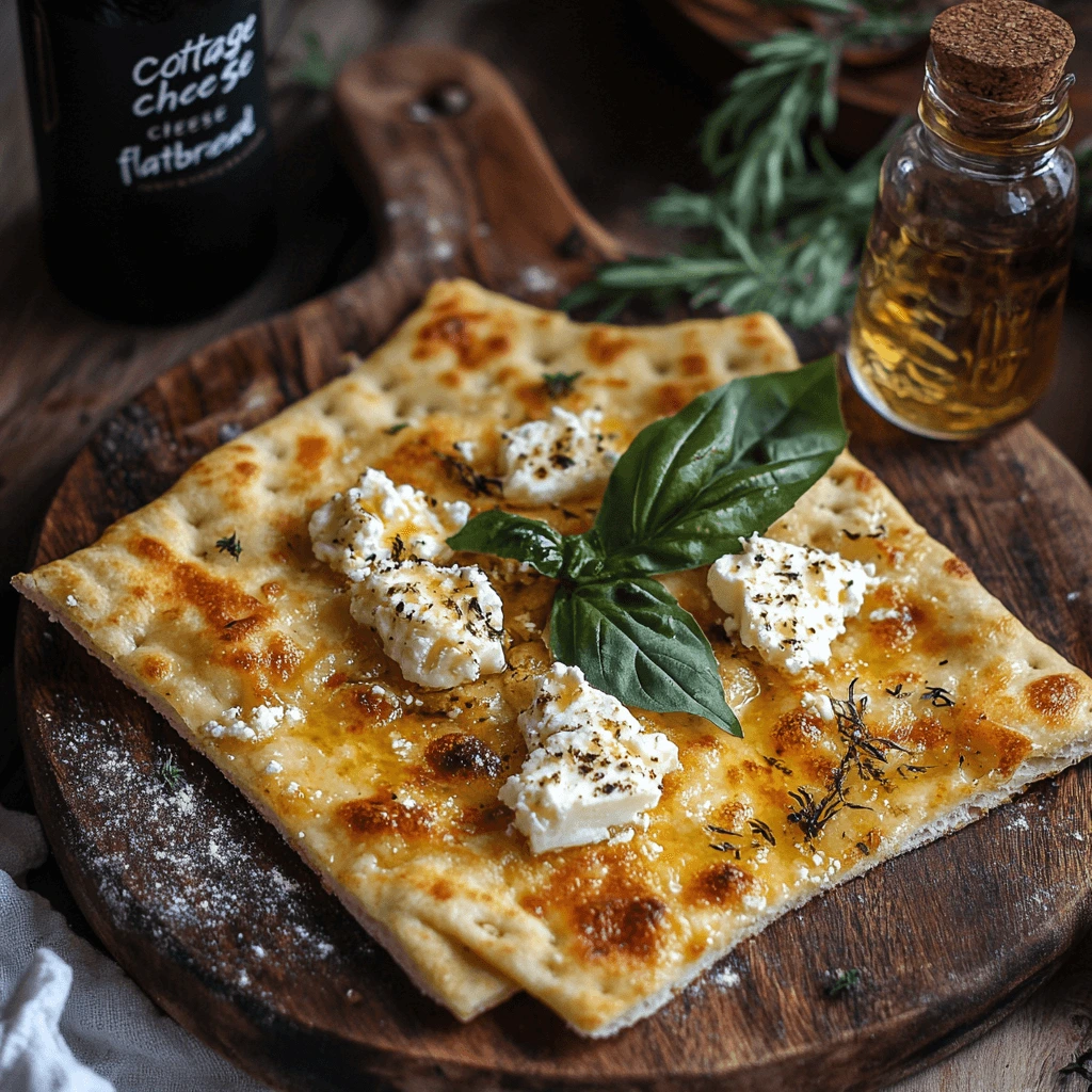 Golden brown cottage cheese flatbread served on a wooden board with fresh herbs and a side of dipping sauce.