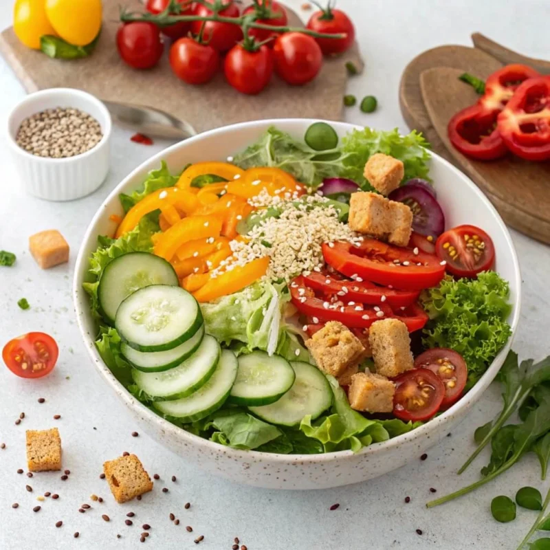 A vibrant bowl of pasta salad sprinkled with Salad Supreme seasoning, featuring colorful vegetables and herbs