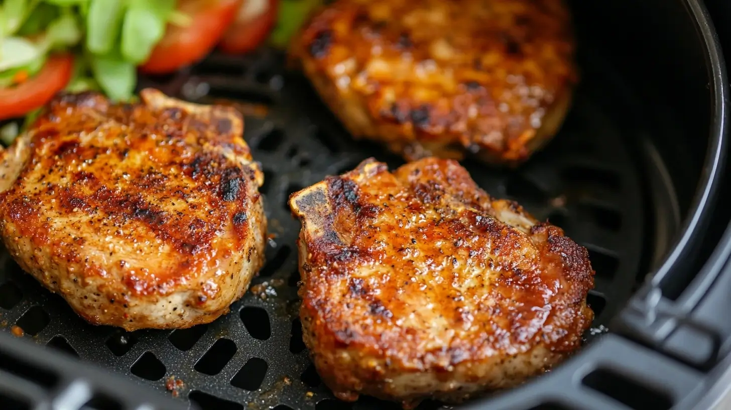 Golden, crispy air fryer pork chops seasoned to perfection, served on a white plate with a garnish of fresh herbs and a side of vegetables.