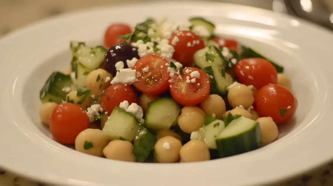 A colorful Greek salad with chickpeas, cucumbers, cherry tomatoes, red onions, Kalamata olives, and feta cheese, drizzled with olive oil and garnished with fresh oregano.