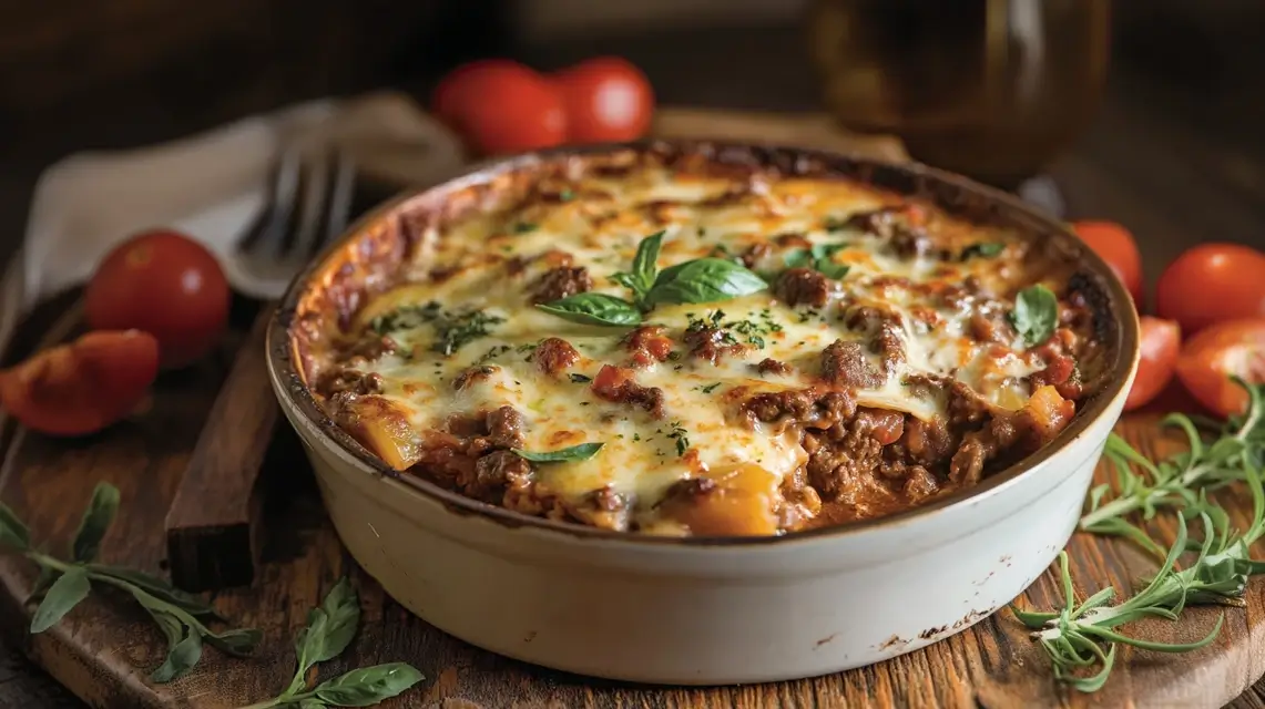 Beef Lombardi Casserole with melted cheese topping, layered with creamy pasta and seasoned ground beef, served in a casserole dish.