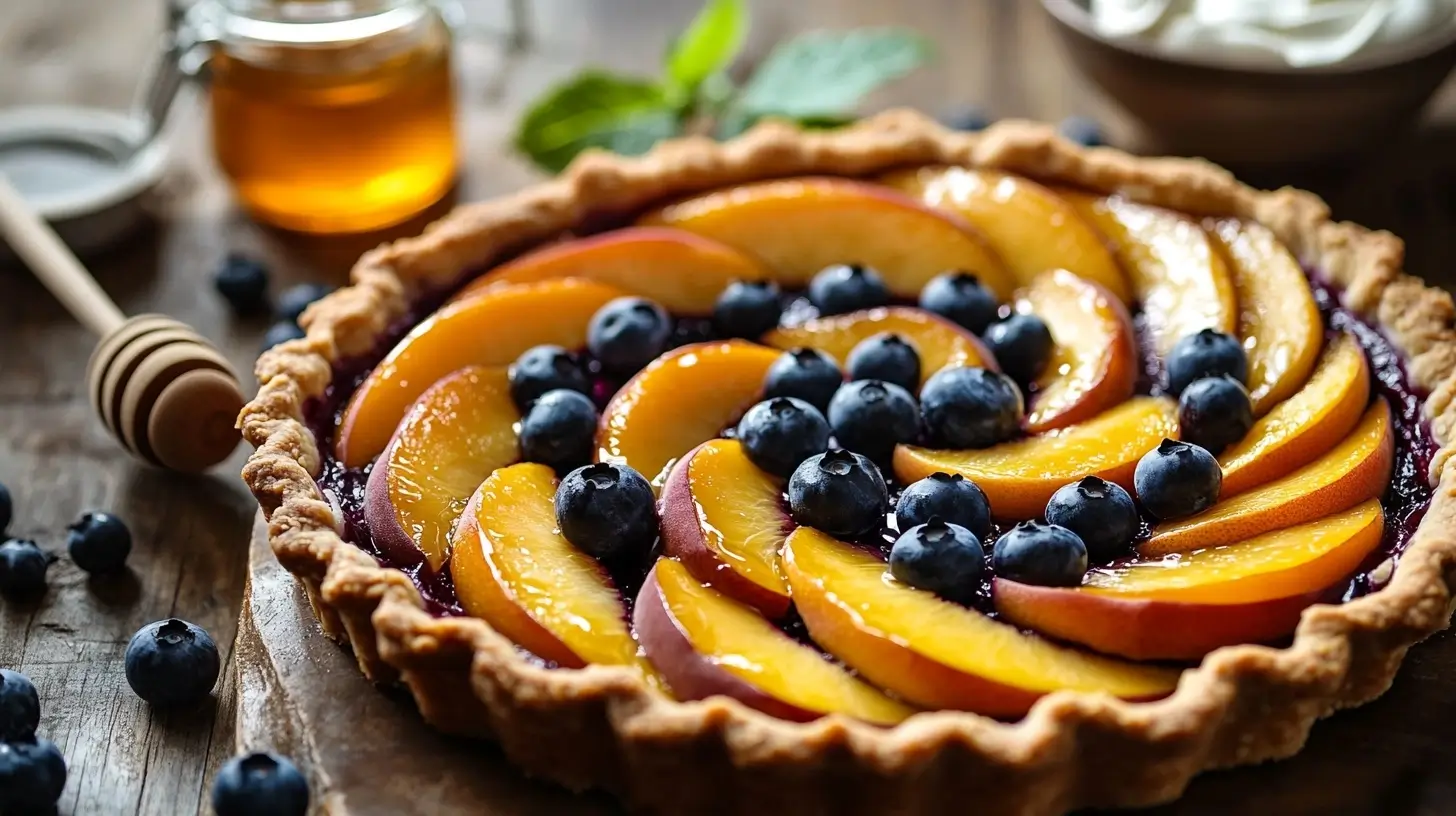 A beautifully baked Blueberry Peach Tart with a golden flaky crust, layered with fresh peach slices and vibrant blueberries arranged in an elegant pattern.