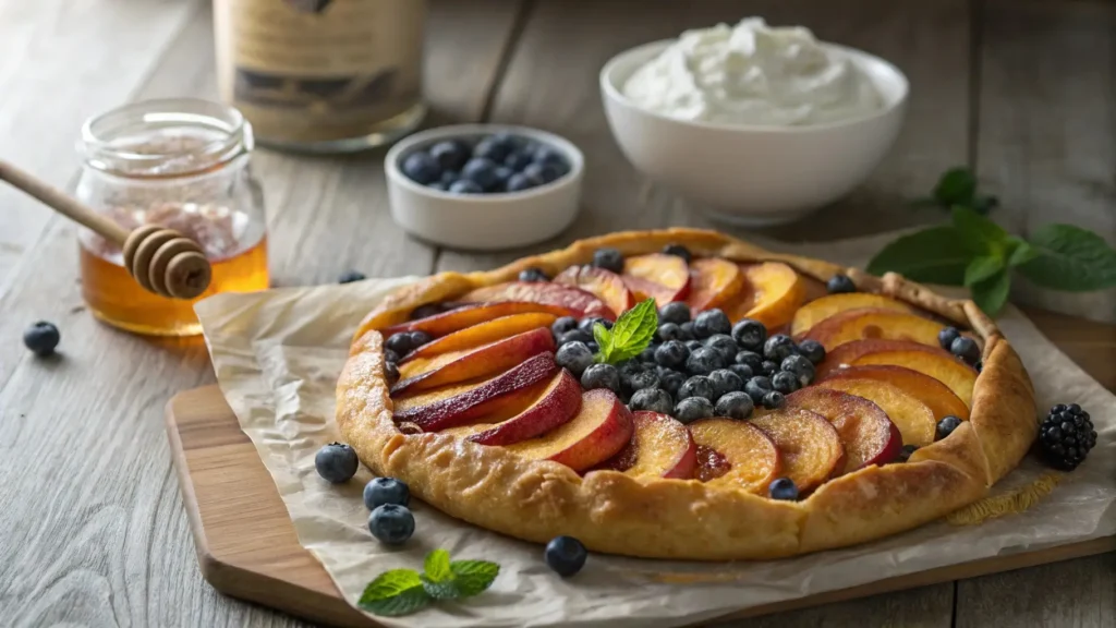 A beautifully baked Blueberry Peach Tart with a golden flaky crust, layered with fresh peach slices and vibrant blueberries arranged in an elegant pattern.