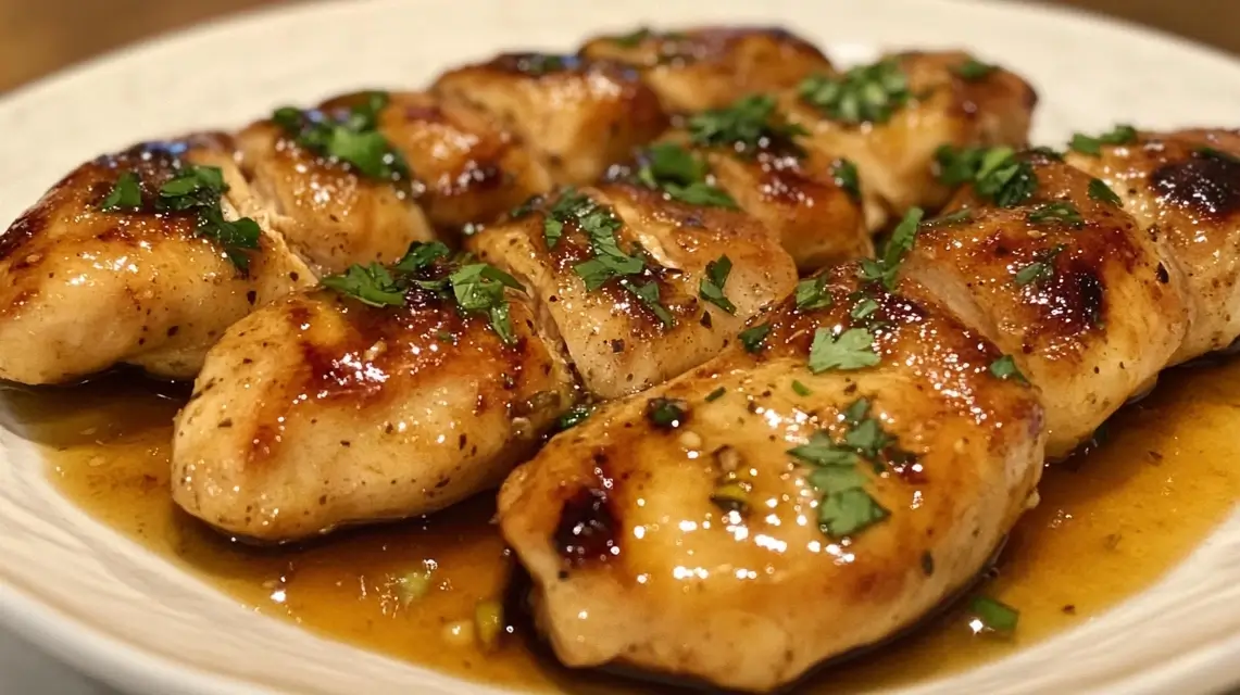 A plate of Brown Sugar Garlic Chicken glazed with a sweet and savory sauce, garnished with fresh parsley and served with steamed rice.