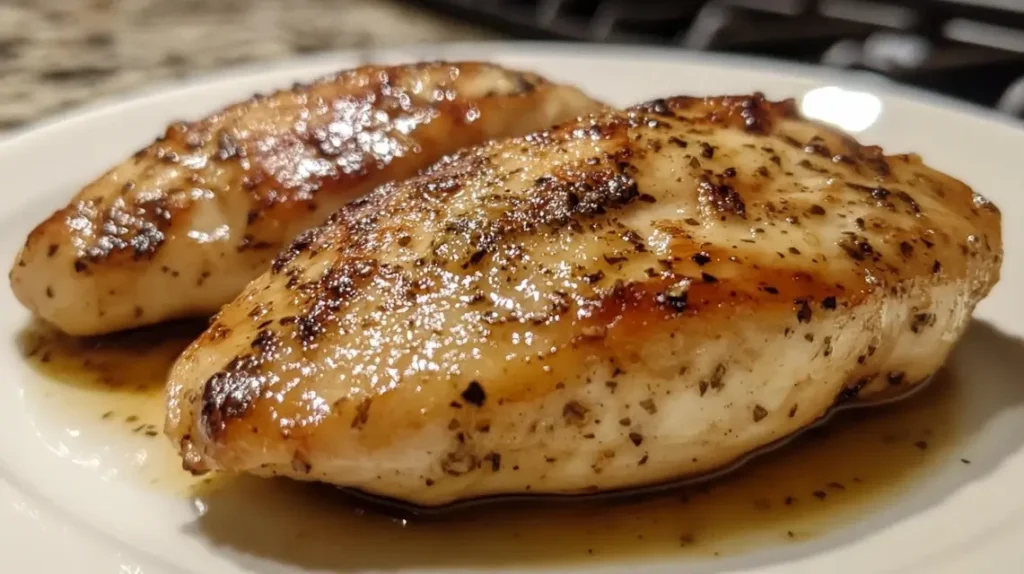 A plate of Brown Sugar Garlic Chicken glazed with a sweet and savory sauce, garnished with fresh parsley and served with steamed rice.