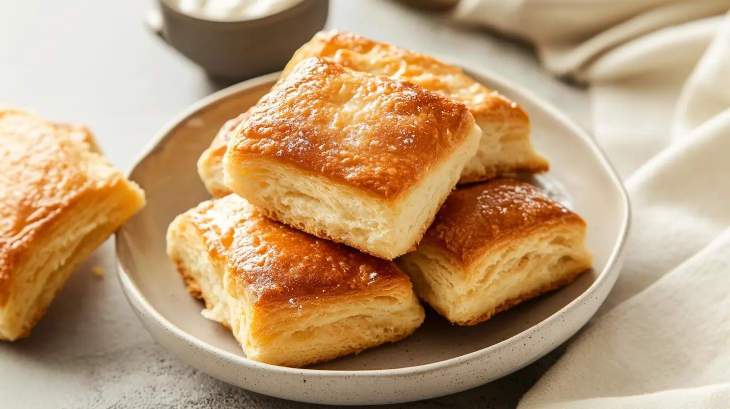 Golden-brown butter swim biscuits baked in a square pan, with crispy edges and fluffy centers, glistening with melted butter, served on a rustic wooden table.