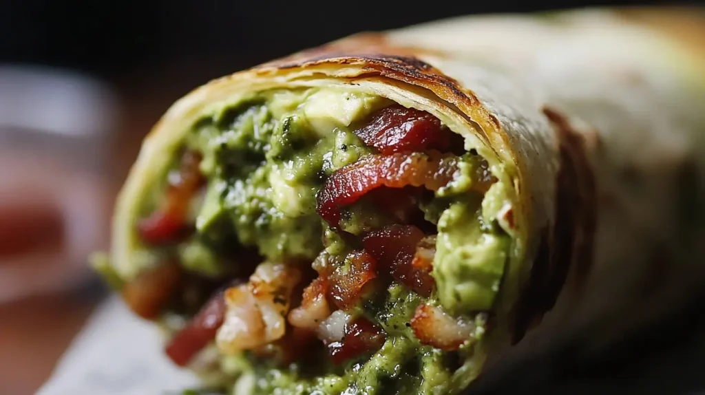 A close-up of a cheesy pesto avocado bacon breakfast burrito, featuring a golden tortilla filled with creamy avocado slices, crispy bacon, melted cheese, and fresh pesto, neatly wrapped and served on a wooden board.