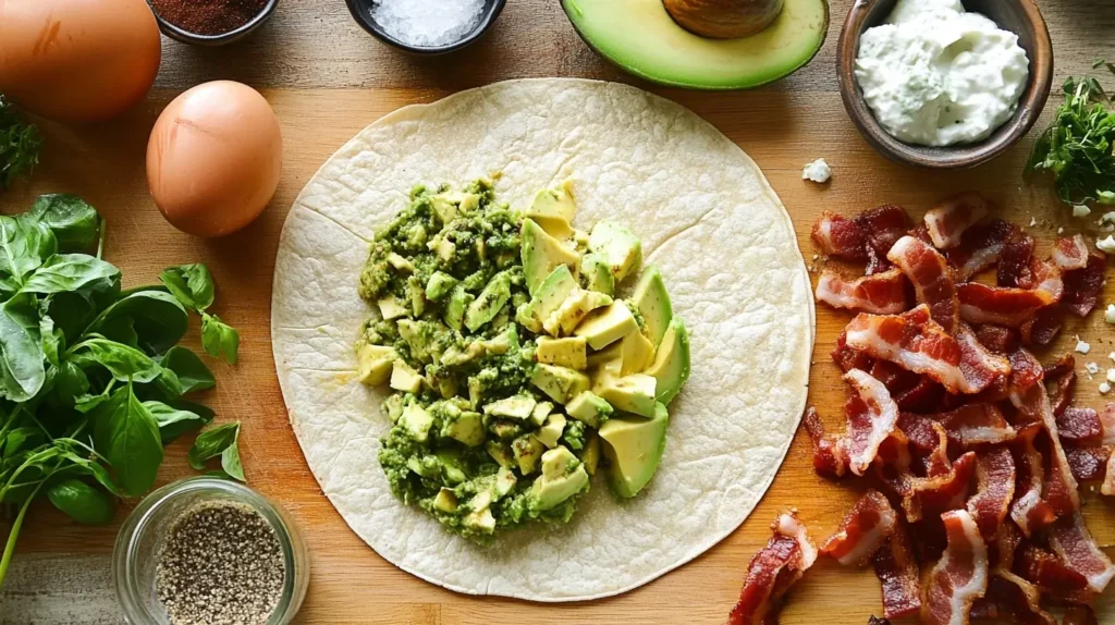 A close-up of a cheesy pesto avocado bacon breakfast burrito, featuring a golden tortilla filled with creamy avocado slices, crispy bacon, melted cheese, and fresh pesto, neatly wrapped and served on a wooden board.