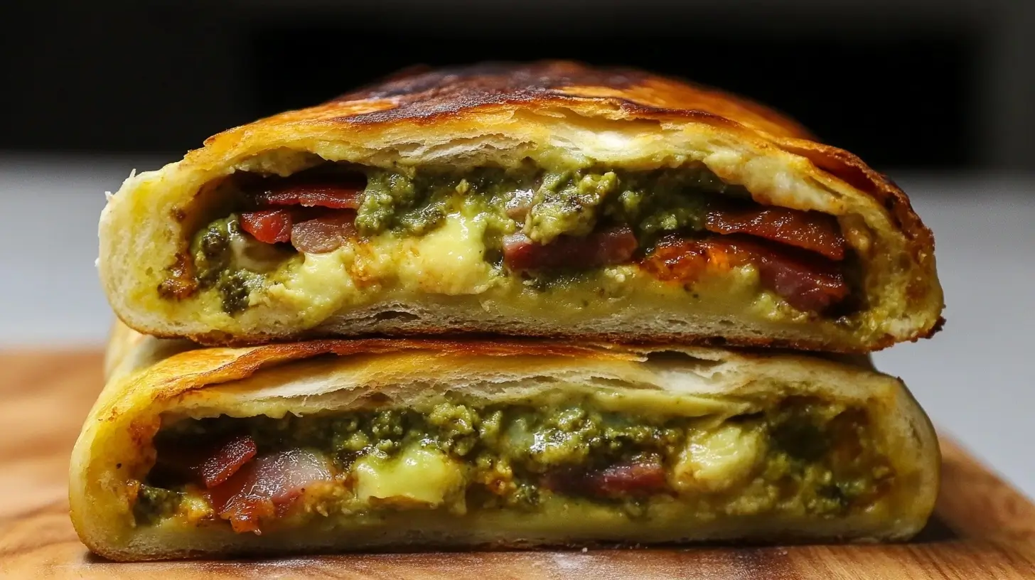 A close-up of a cheesy pesto avocado bacon breakfast burrito, featuring a golden tortilla filled with creamy avocado slices, crispy bacon, melted cheese, and fresh pesto, neatly wrapped and served on a wooden board.