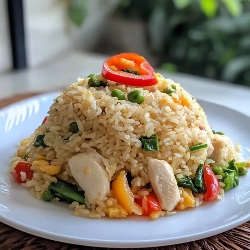 A bowl of chicken fried rice garnished with fresh vegetables, showcasing a balanced and flavorful dish.