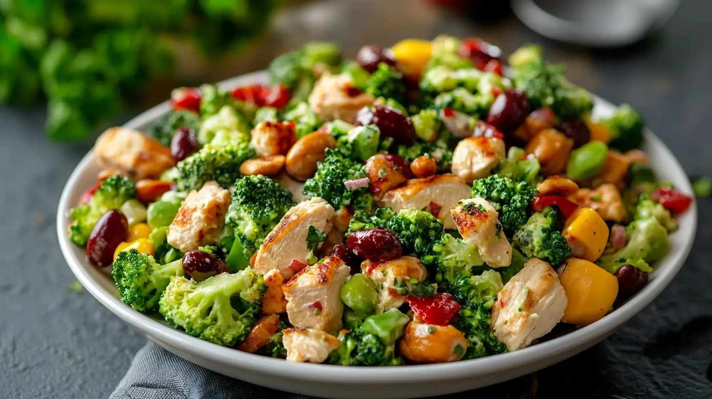 A bowl of freshly prepared broccoli salad with crispy bacon bits, shredded cheese, red onion, sunflower seeds, and a creamy dressing, served alongside a colorful salad spread.