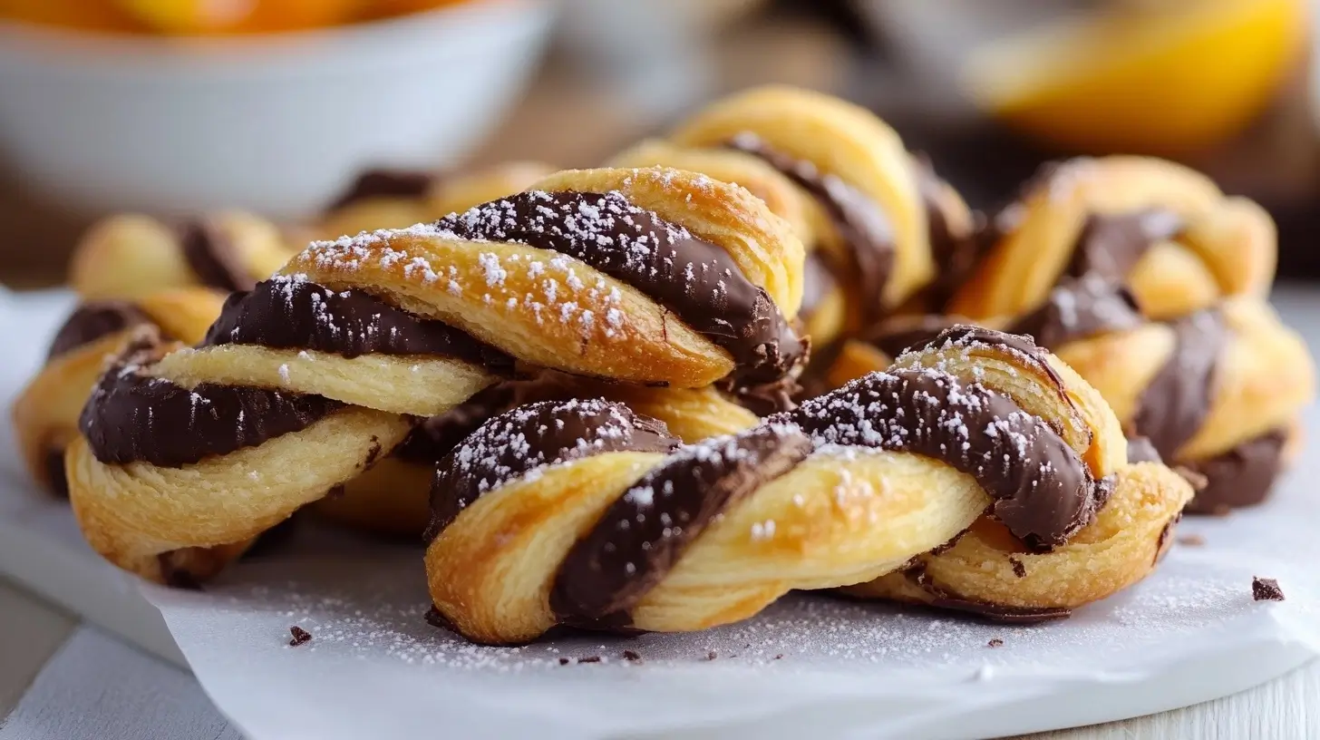 Golden-brown chocolate and orange twists with a flaky pastry texture, drizzled with chocolate and orange glaze, served on a rustic wooden board with fresh orange slices and chocolate pieces for garnish.