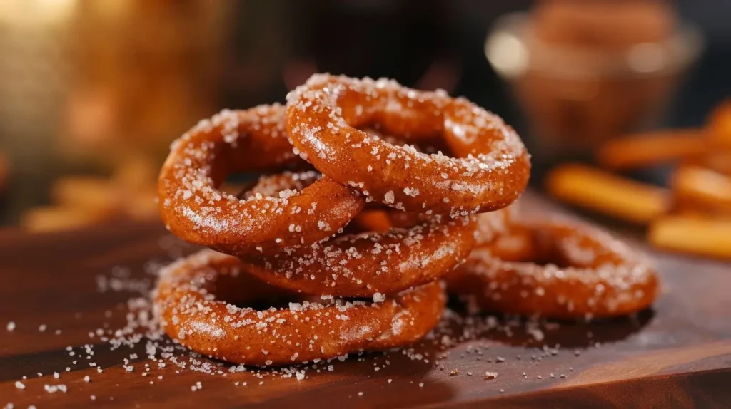 Golden-brown cinnamon sugar pretzel sticks arranged on a rustic wooden board, coated with a sparkling layer of cinnamon sugar, served alongside a creamy vanilla dipping sauce.