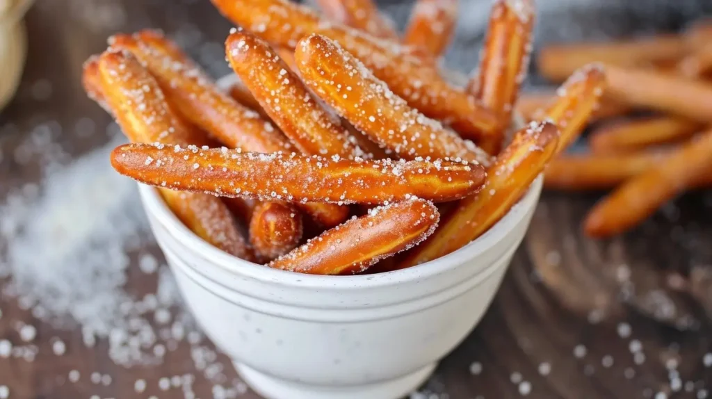 Golden-brown cinnamon sugar pretzel sticks arranged on a rustic wooden board, coated with a sparkling layer of cinnamon sugar, served alongside a creamy vanilla dipping sauce.