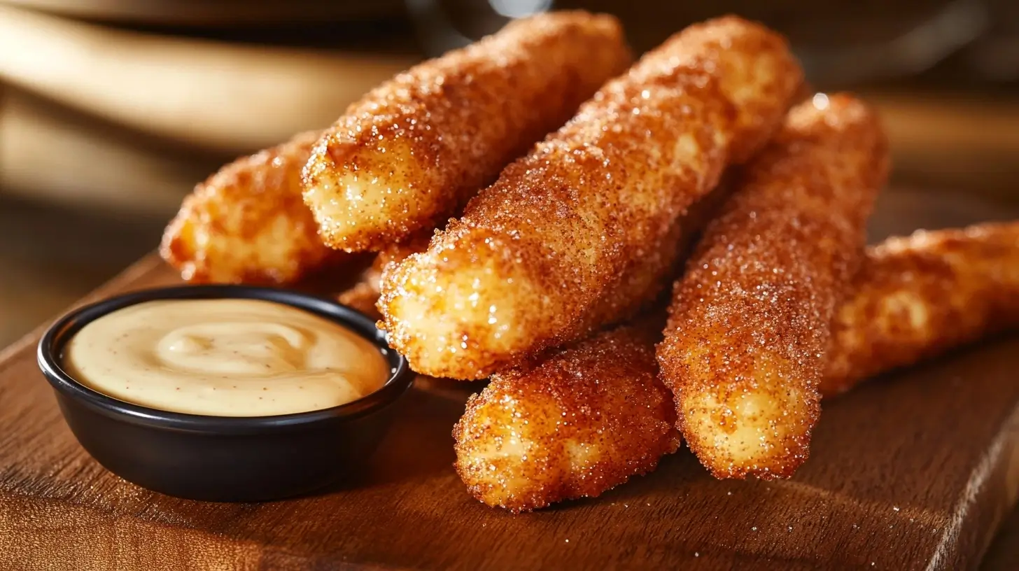 Golden-brown cinnamon sugar pretzel sticks arranged on a rustic wooden board, coated with a sparkling layer of cinnamon sugar, served alongside a creamy vanilla dipping sauce.