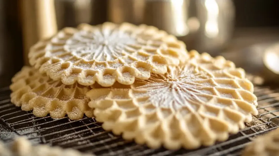 Golden, crisp pizzelle cookies with intricate patterns, dusted lightly with powdered sugar, stacked on a plate, and served alongside a cup of coffee on a rustic table.