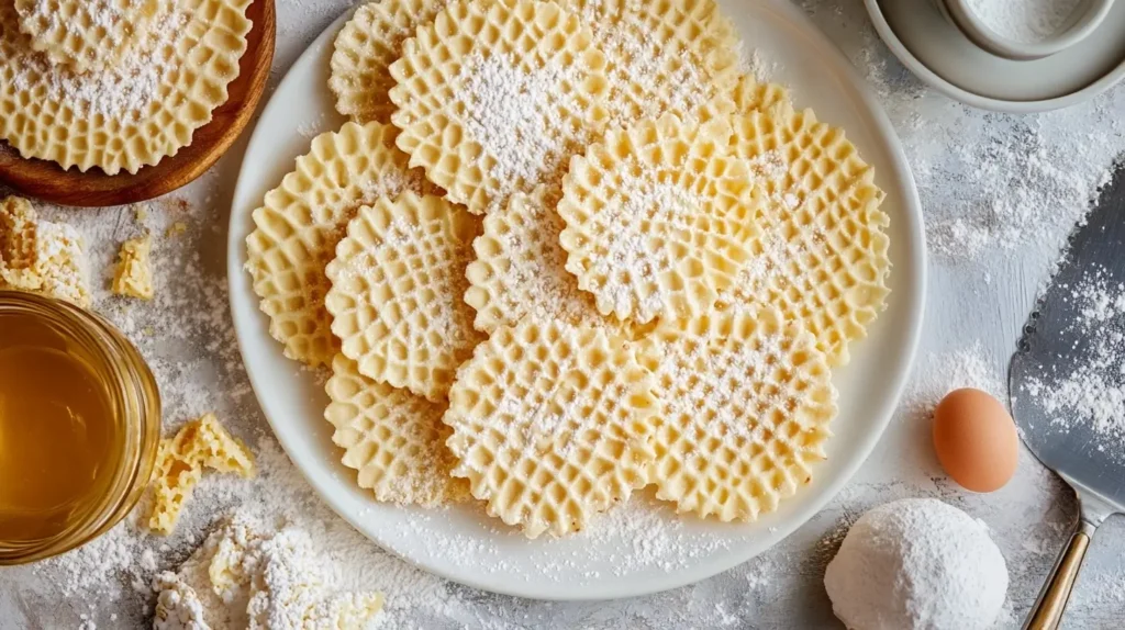 Golden, crisp pizzelle cookies with intricate patterns, dusted lightly with powdered sugar, stacked on a plate, and served alongside a cup of coffee on a rustic table.