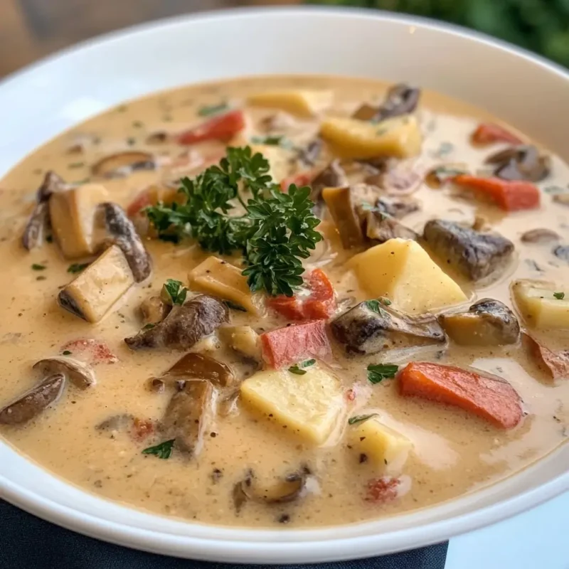 A steaming bowl of Hungarian Mushroom Soup garnished with fresh dill and paprika, served with crusty bread on the side.