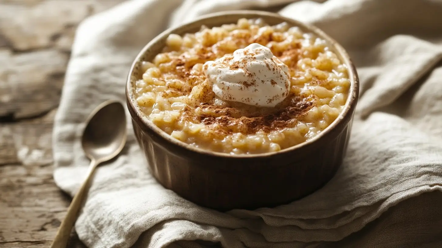 A bowl of creamy rice pudding topped with a sprinkle of cinnamon and a dollop of whipped cream, placed on a rustic wooden table with a spoon and linen napkin beside it.