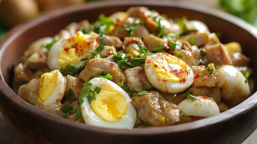 A vibrant platter of creamy Sipo Egg with tender chicken gizzard, colorful vegetables like carrots and green peas, and quail eggs, all coated in a rich, savory white sauce, served with steamed rice.