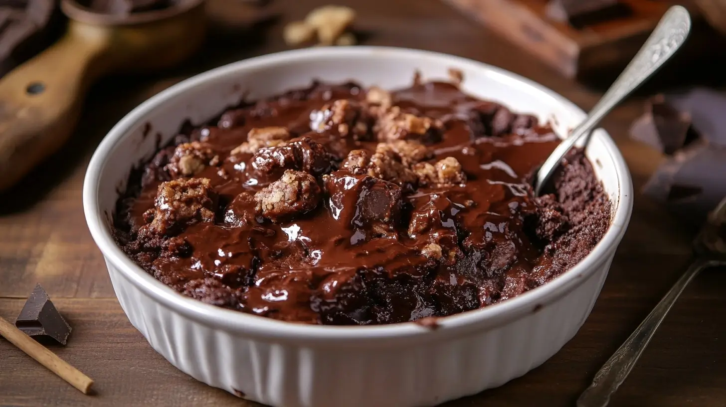 A warm chocolate cobbler with a gooey, molten center topped with a crisp chocolate crust, served in a rustic baking dish, garnished with a scoop of vanilla ice cream and a drizzle of chocolate sauce.