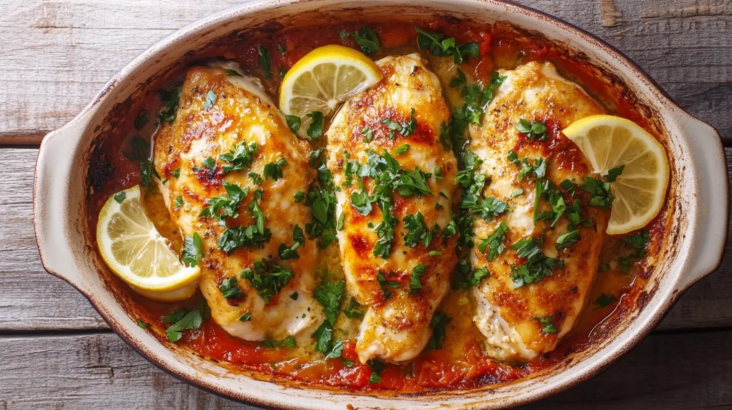 Juicy baked Galena chicken breasts seasoned with a smoky spice blend, garnished with fresh parsley and lemon slices, served in a rustic baking dish.