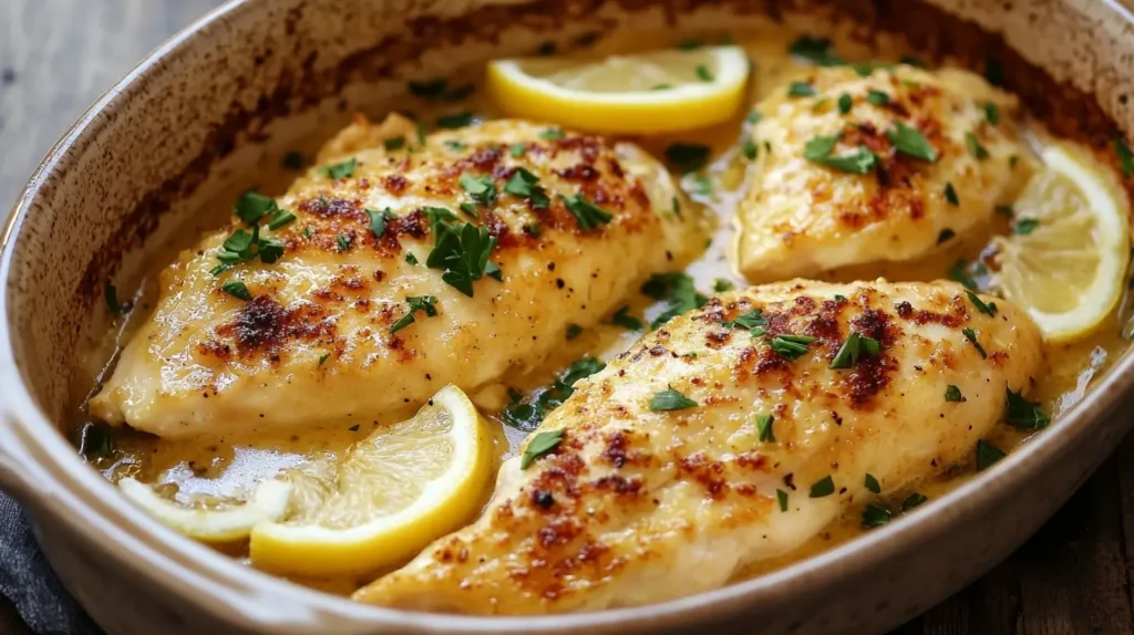 Juicy baked Galena chicken breasts seasoned with a smoky spice blend, garnished with fresh parsley and lemon slices, served in a rustic baking dish.