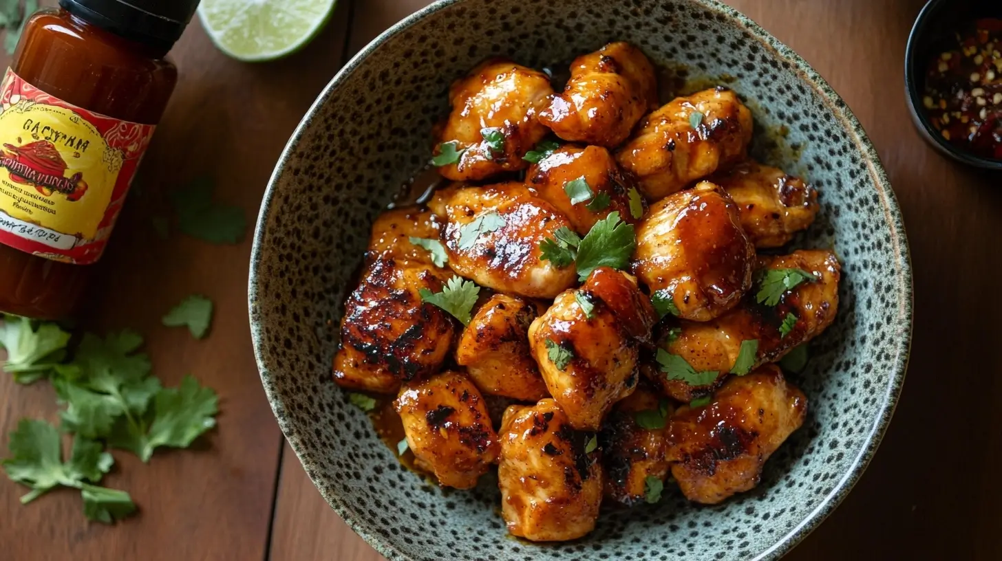 A plate of golden, glazed honey sriracha chicken garnished with sesame seeds and fresh green onions, served with a side of steamed rice.