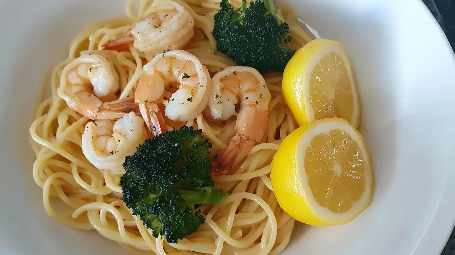 A plate of lemon shrimp pasta with al dente spaghetti, juicy shrimp, fresh parsley, and a light lemon butter sauce, garnished with lemon slices and parmesan.