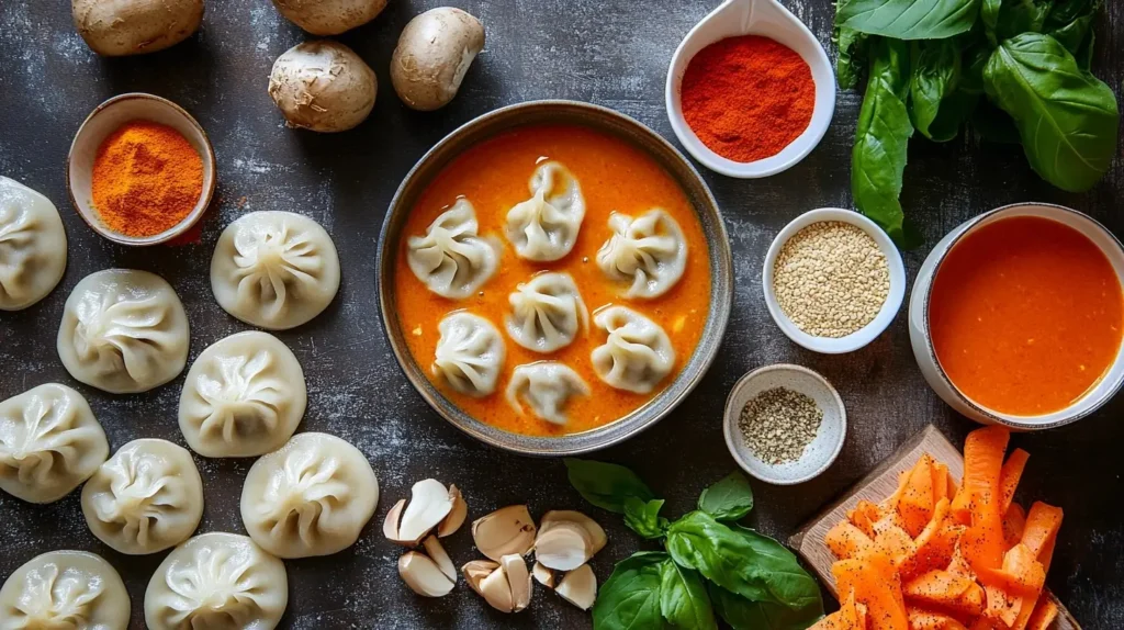 A steaming bowl of Thai red curry dumpling soup with plump dumplings, colorful vegetables, and a creamy red curry broth, garnished with fresh cilantro and red chili slices.