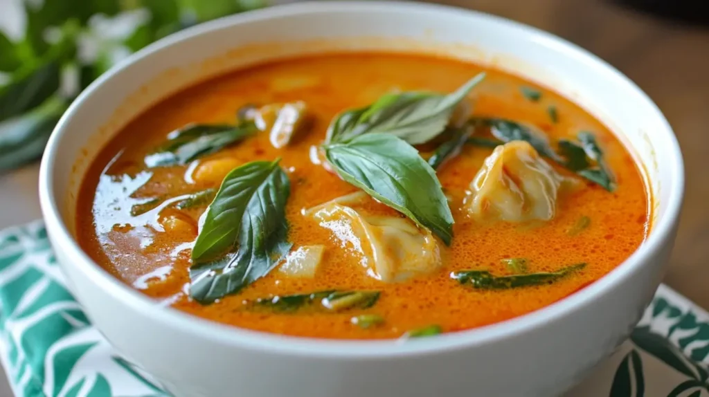 A steaming bowl of Thai red curry dumpling soup with plump dumplings, colorful vegetables, and a creamy red curry broth, garnished with fresh cilantro and red chili slices.