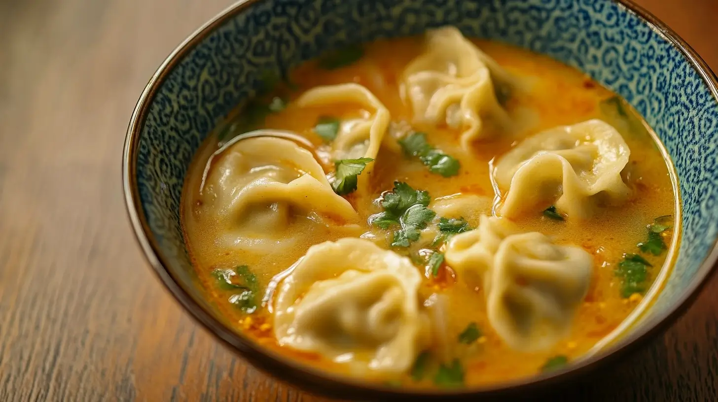 A steaming bowl of Thai red curry dumpling soup with plump dumplings, colorful vegetables, and a creamy red curry broth, garnished with fresh cilantro and red chili slices.