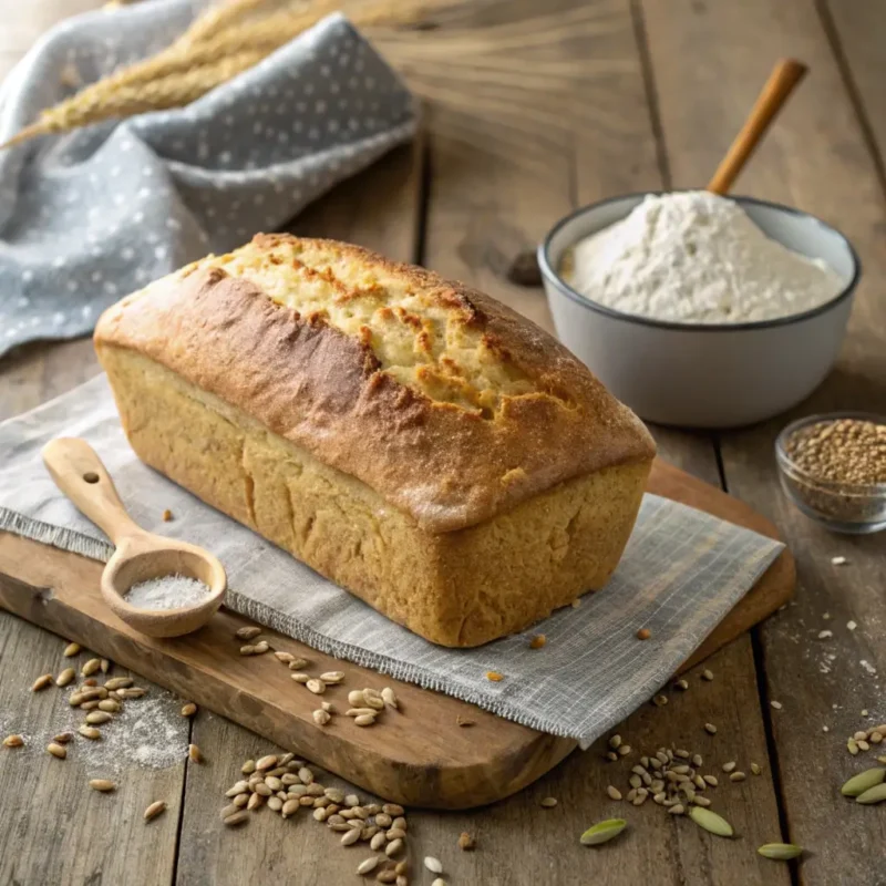 A freshly baked einkorn bread loaf with a golden crust, displayed on a rustic wooden table, surrounded by einkorn grains, flour, and a wooden spoon.