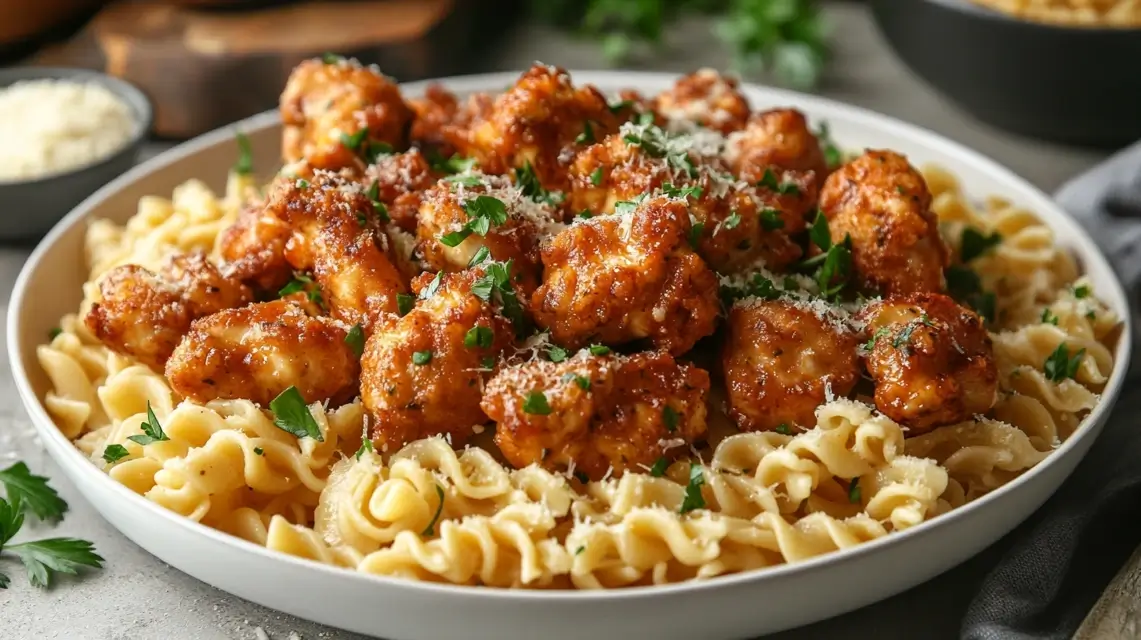 A plate of garlic butter chicken bites served over creamy parmesan pasta, garnished with fresh parsley and a sprinkle of grated parmesan cheese, with a rich, golden butter sauce coating the dish.