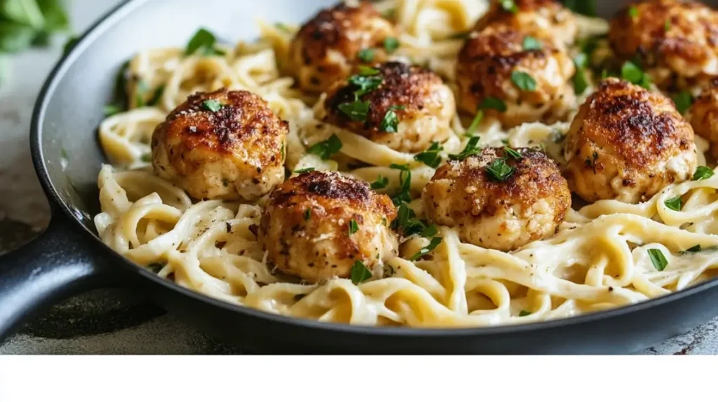  A plate of garlic butter chicken bites served over creamy parmesan pasta, garnished with fresh parsley and a sprinkle of grated parmesan cheese, with a rich, golden butter sauce coating the dish.