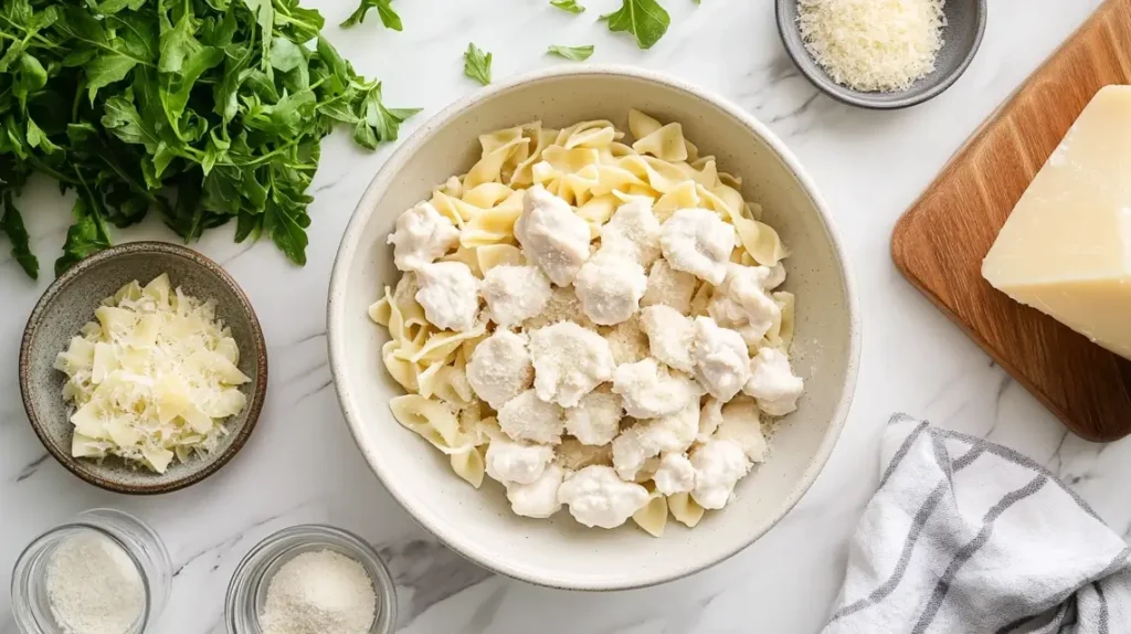  A plate of garlic butter chicken bites served over creamy parmesan pasta, garnished with fresh parsley and a sprinkle of grated parmesan cheese, with a rich, golden butter sauce coating the dish.