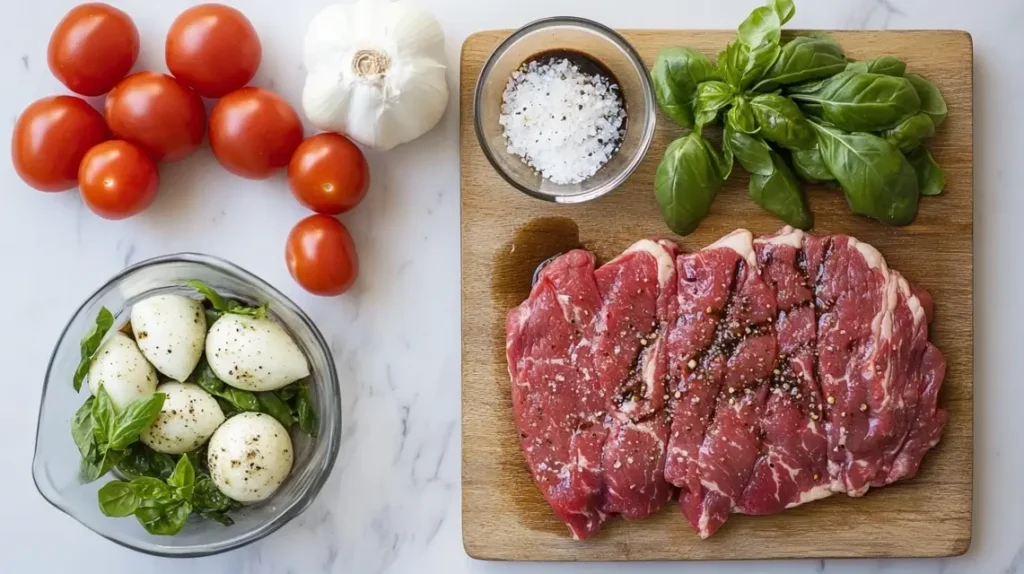 A grilled flank steak sliced thinly and topped with a fresh caprese salad of cherry tomatoes, mozzarella, and basil, drizzled with balsamic glaze and served on a rustic platter.