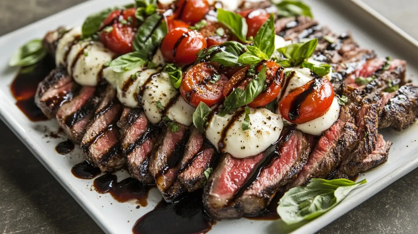 A grilled flank steak sliced thinly and topped with a fresh caprese salad of cherry tomatoes, mozzarella, and basil, drizzled with balsamic glaze and served on a rustic platter.