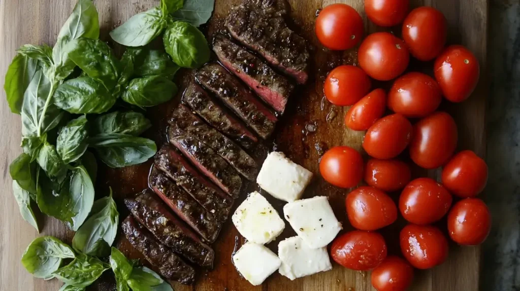 A grilled flank steak sliced thinly and topped with a fresh caprese salad of cherry tomatoes, mozzarella, and basil, drizzled with balsamic glaze and served on a rustic platter.