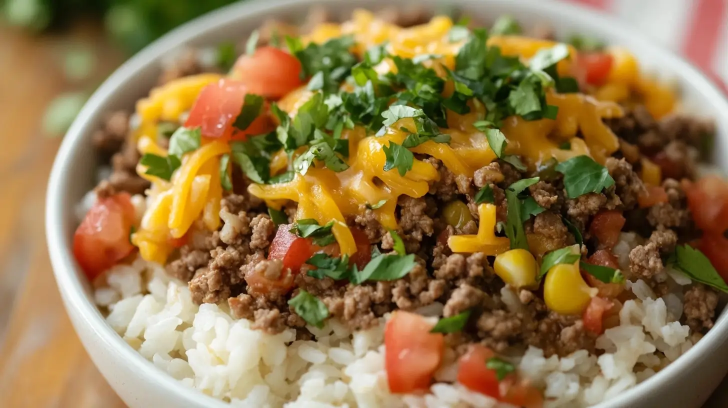 A vibrant bowl of ground beef rice burrito bowl with seasoned beef, fluffy rice, black beans, fresh avocado slices, corn, cherry tomatoes, and a drizzle of sour cream, garnished with cilantro and lime wedges.