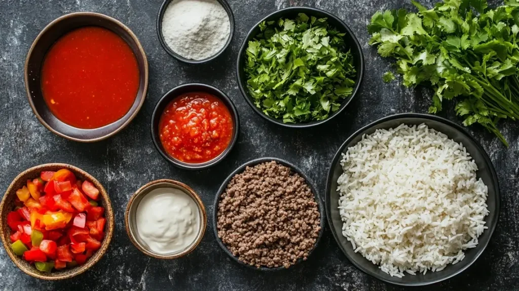  A vibrant bowl of ground beef rice burrito bowl with seasoned beef, fluffy rice, black beans, fresh avocado slices, corn, cherry tomatoes, and a drizzle of sour cream, garnished with cilantro and lime wedges.